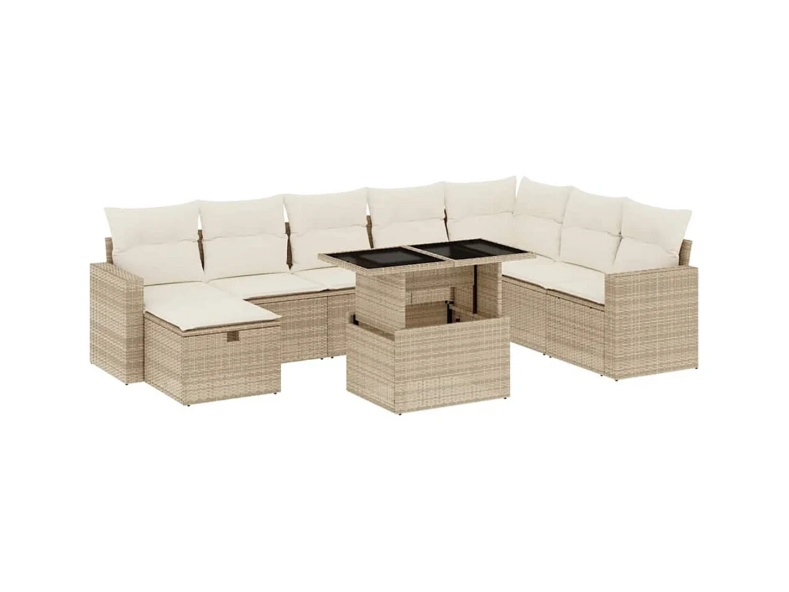 Salon de jardin avec coussins 9 pcs beige résine tressée