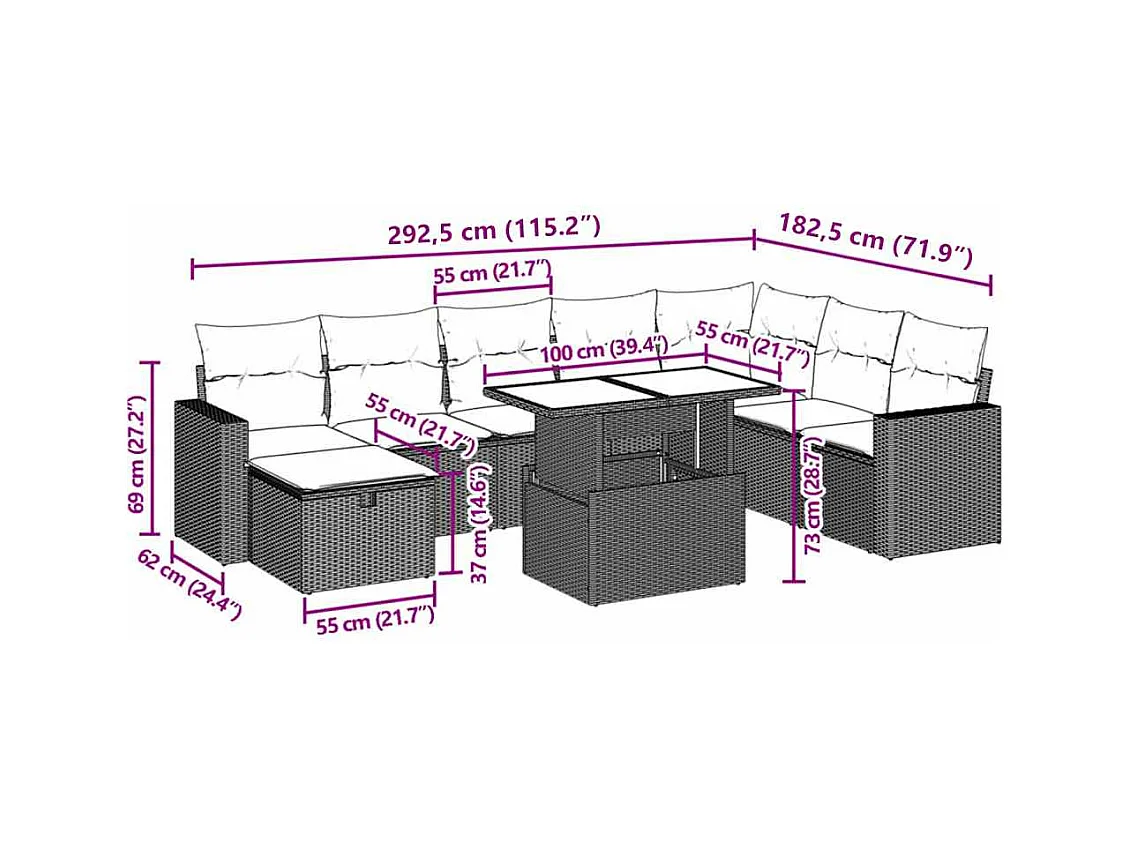 Salon de jardin avec coussins 9 pcs beige résine tressée