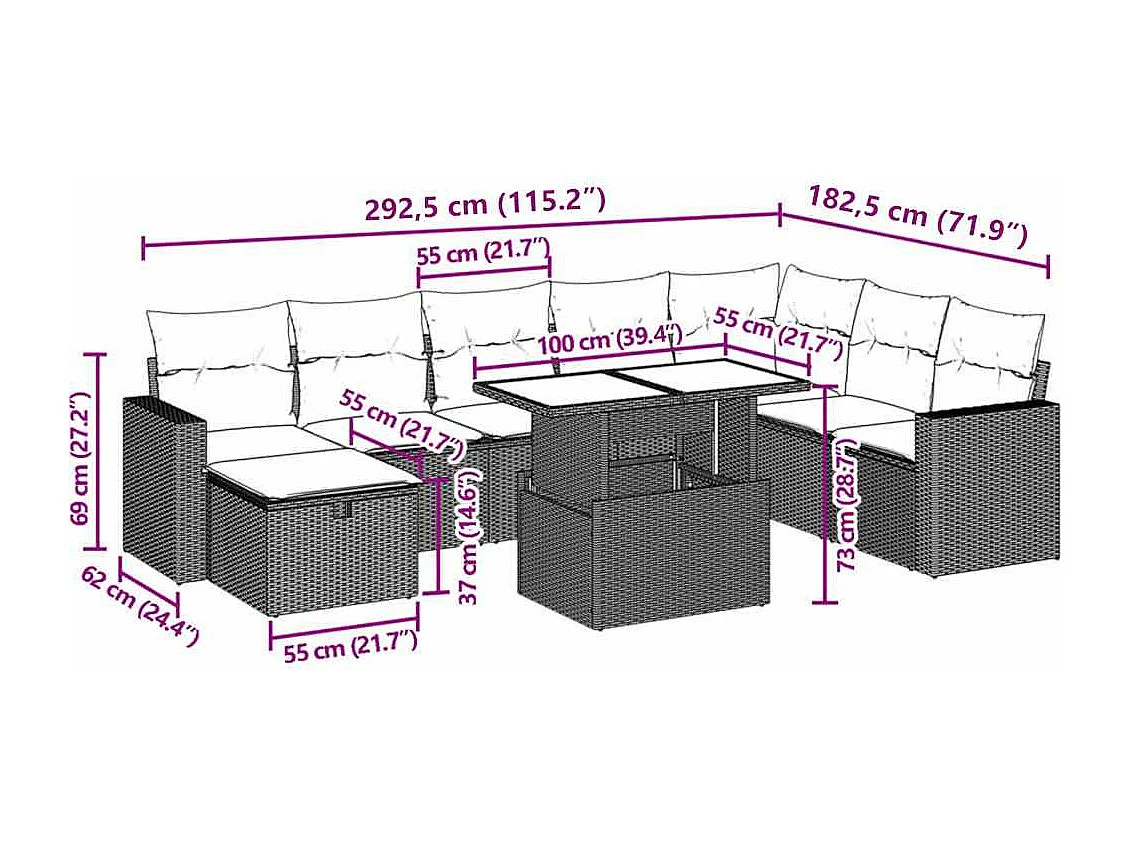 9-tlg. Garten-Sofagarnitur mit Kissen Beige Poly Rattan