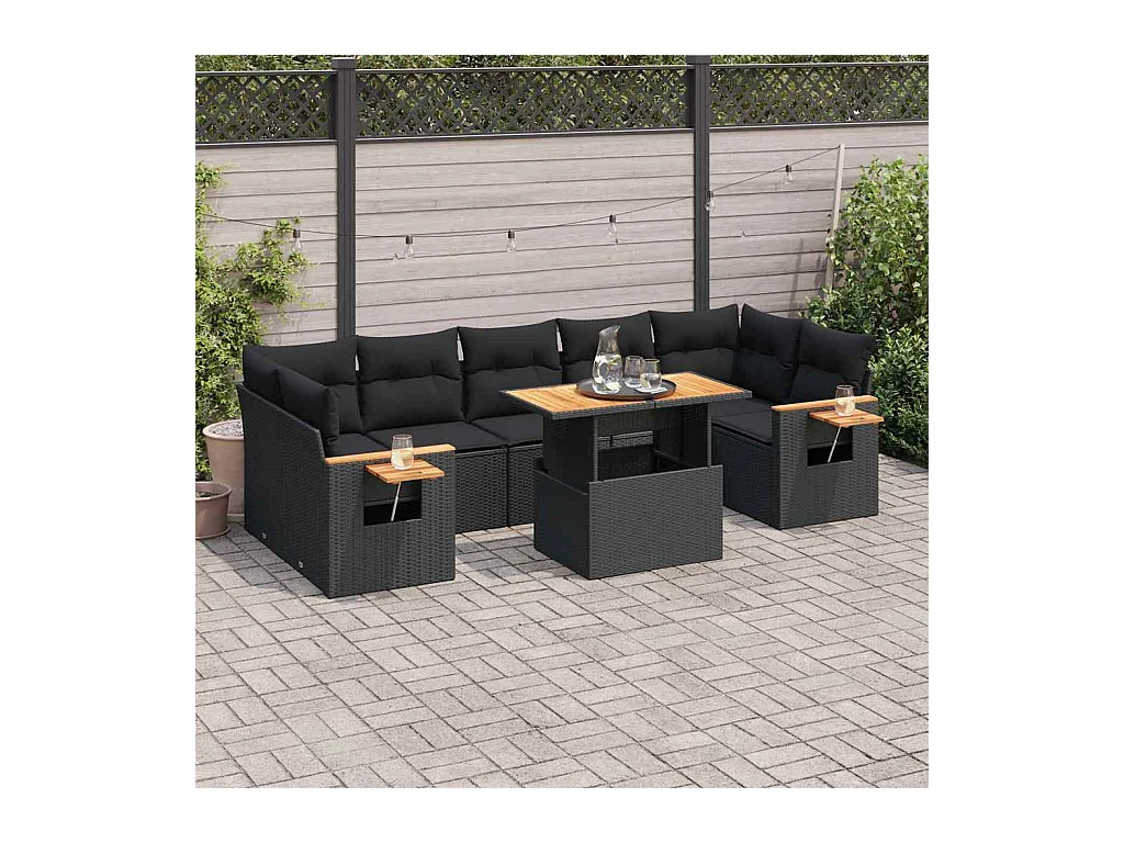 Salon de jardin avec coussins 8 pcs noir résine tressée acacia
