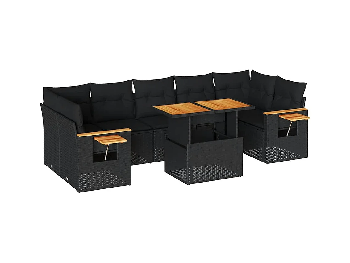 Salon de jardin avec coussins 8 pcs noir résine tressée acacia