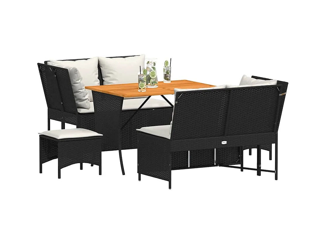 Salon de jardin 5 pcs avec coussins noir résine tressée