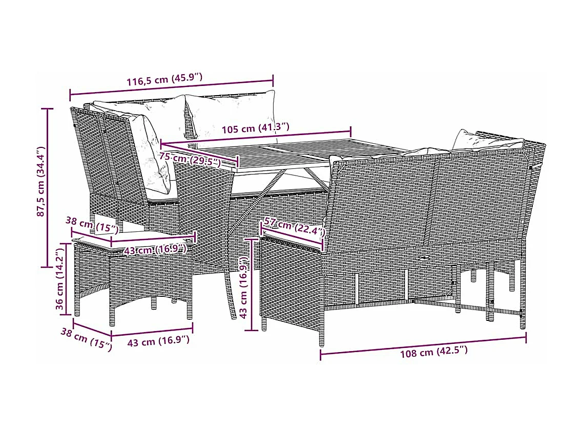 5-tlg. Garten-Sofagarnitur mit Kissen Schwarz Poly Rattan