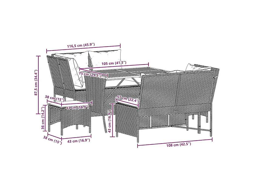 5-delige Loungeset met kussens poly rattan zwart
