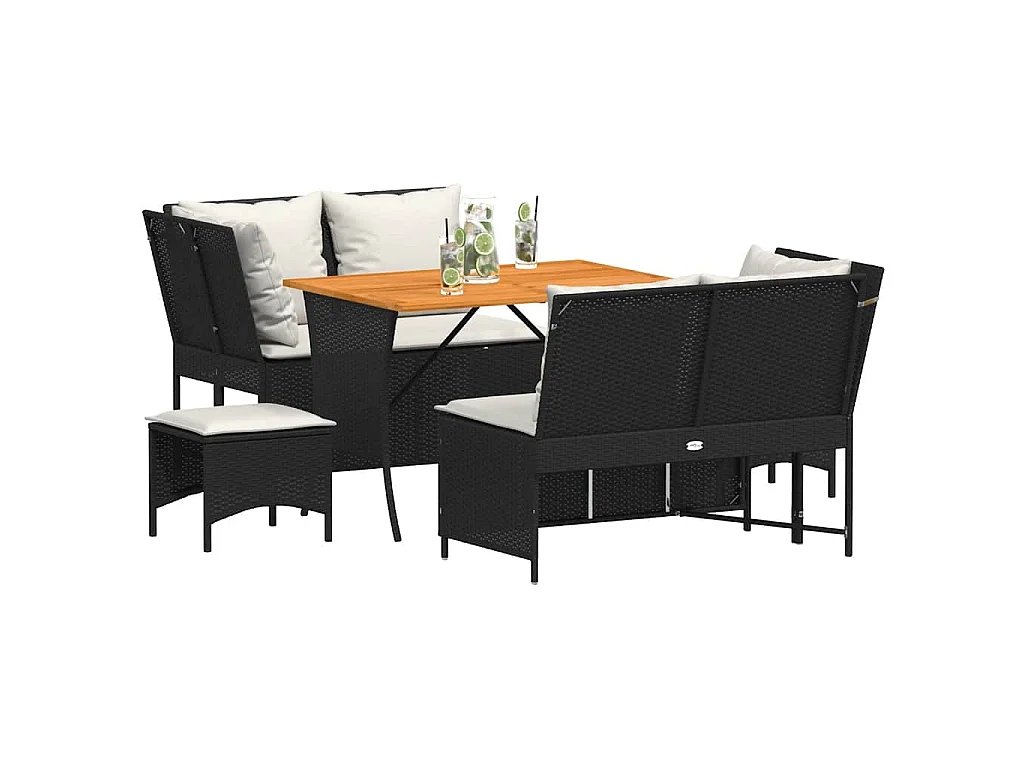 5-delige Loungeset met kussens poly rattan zwart