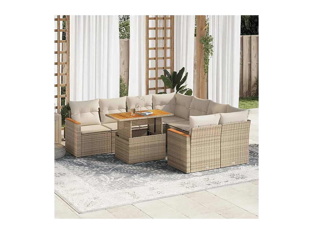 Salon de jardin avec coussins 9 pcs beige résine tressée acacia