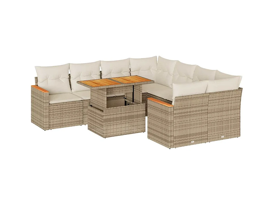 Salon de jardin avec coussins 9 pcs beige résine tressée acacia