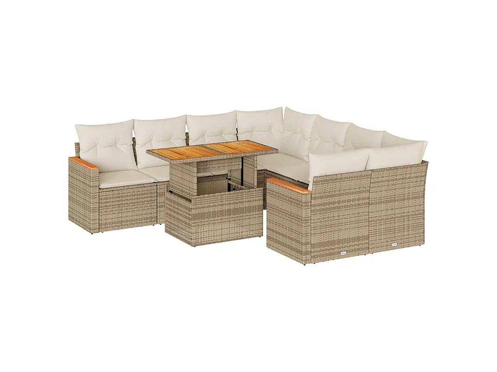 Set sofás jardín y cojines 9 pzas ratán sintético acacia beige
