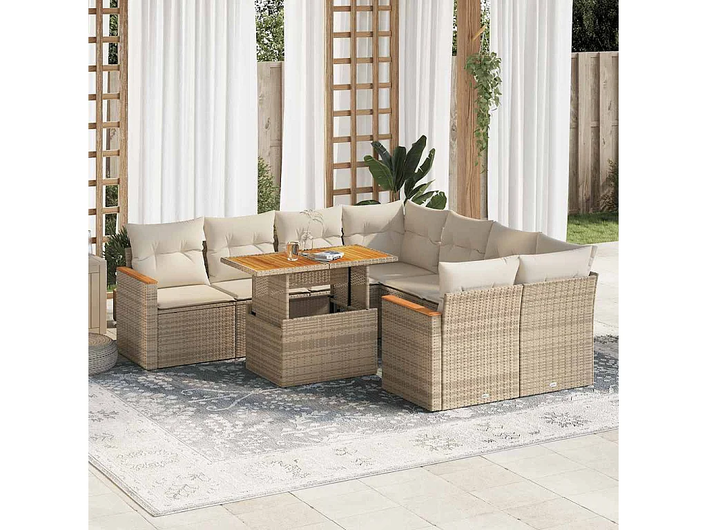 Set sofás jardín y cojines 9 pzas ratán sintético acacia beige