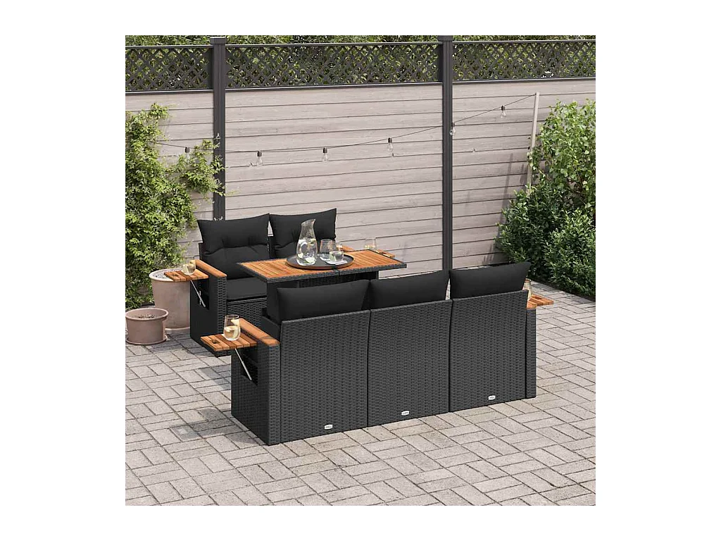 Set Divano da Giardino 6 pz con Cuscini Nero Polyrattan Acacia
