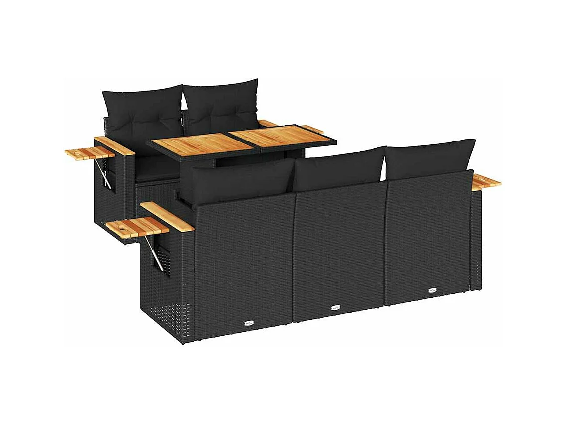 Set Divano da Giardino 6 pz con Cuscini Nero Polyrattan Acacia
