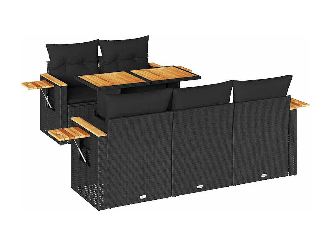 Salon de jardin 6 pcs avec coussins noir résine tressée acacia