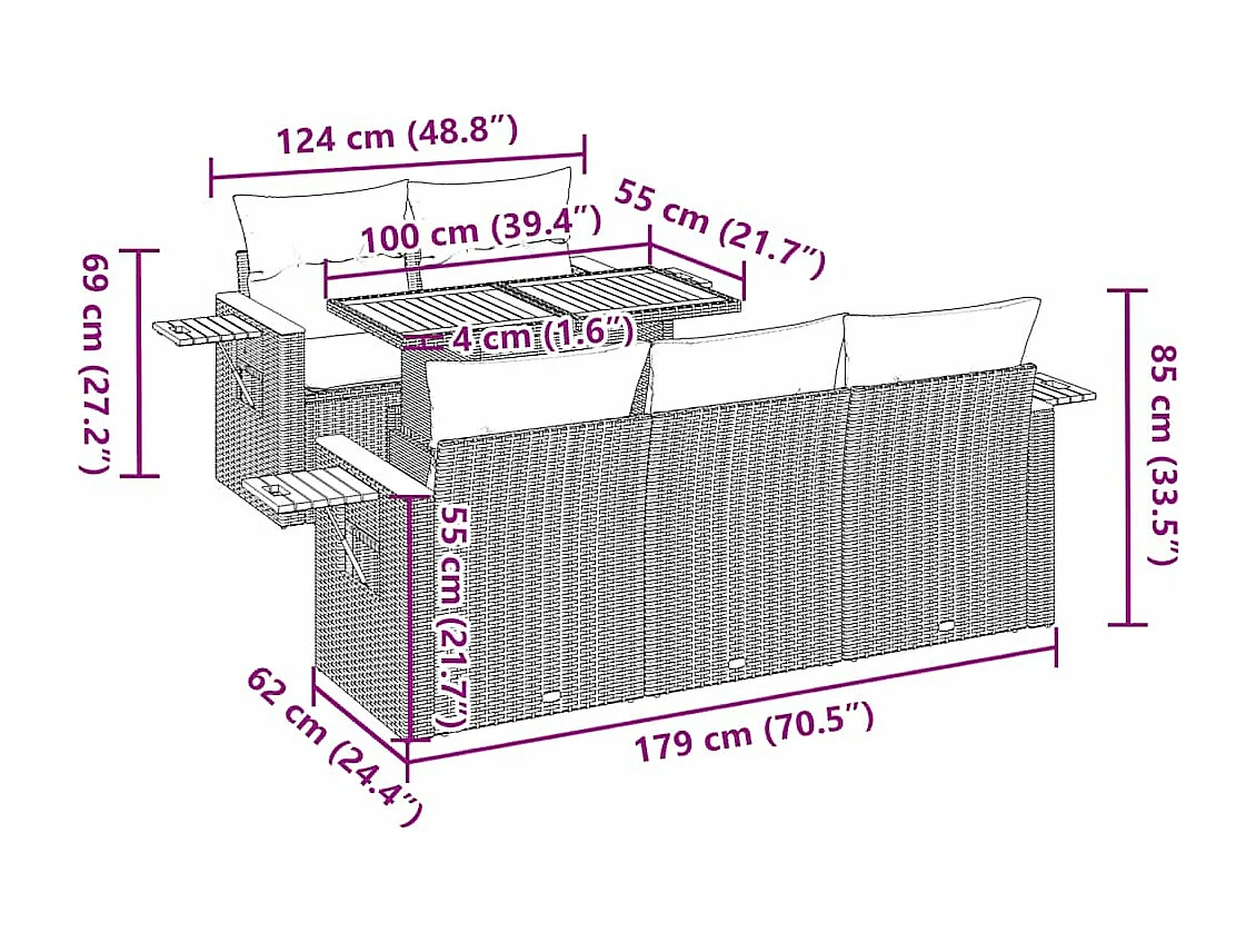 Salon de jardin 6 pcs avec coussins noir résine tressée acacia