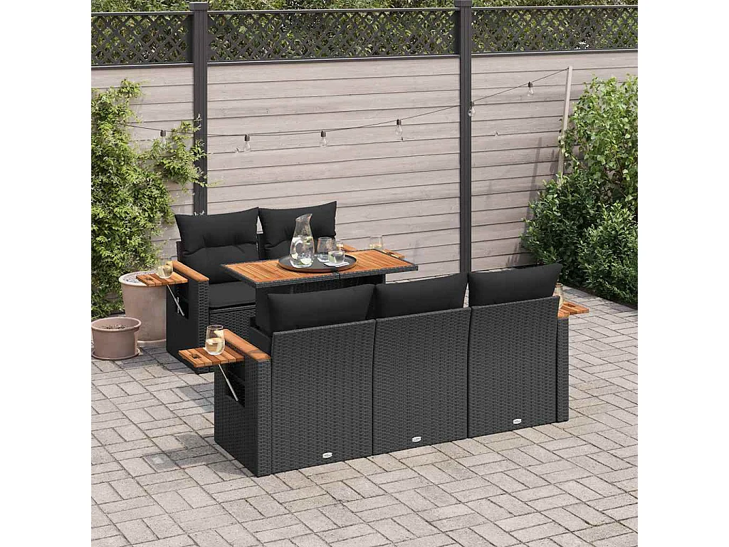 6-delige Loungeset met kussens poly rattan acacia zwart