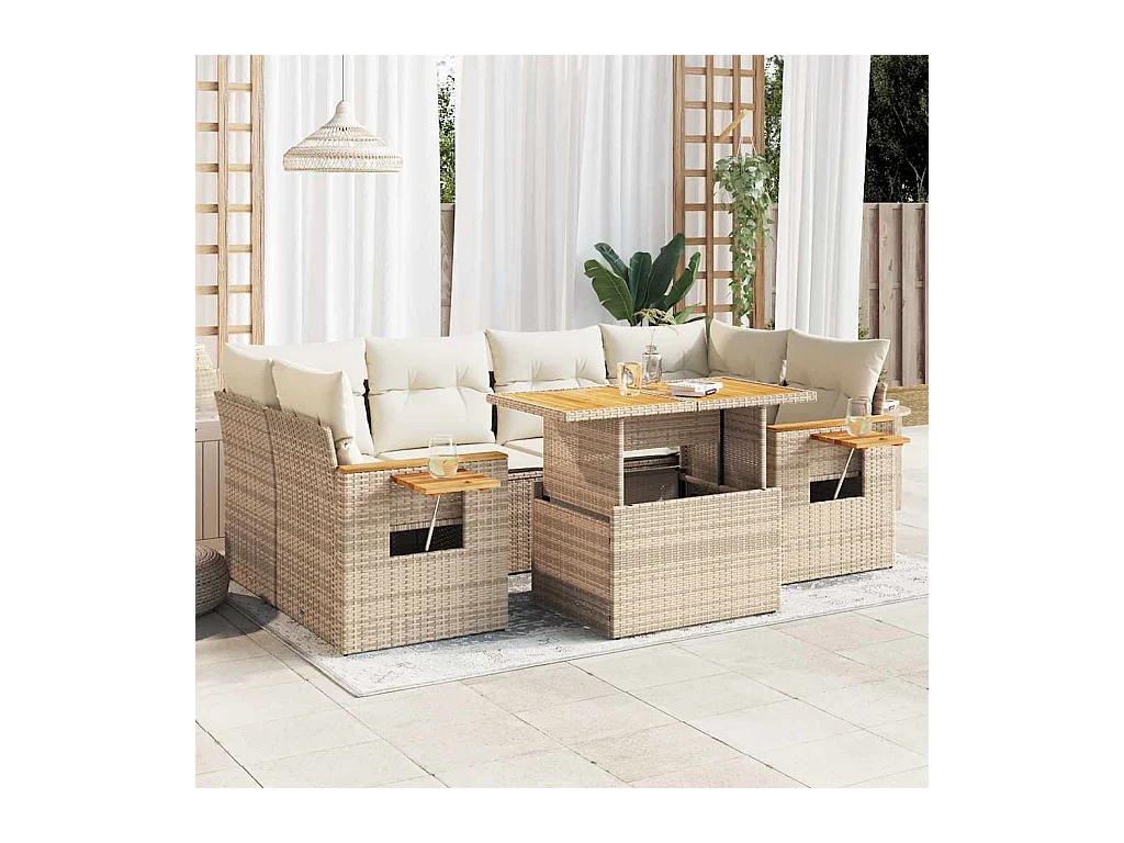 Salon de jardin avec coussins 7 pcs beige résine tressée acacia