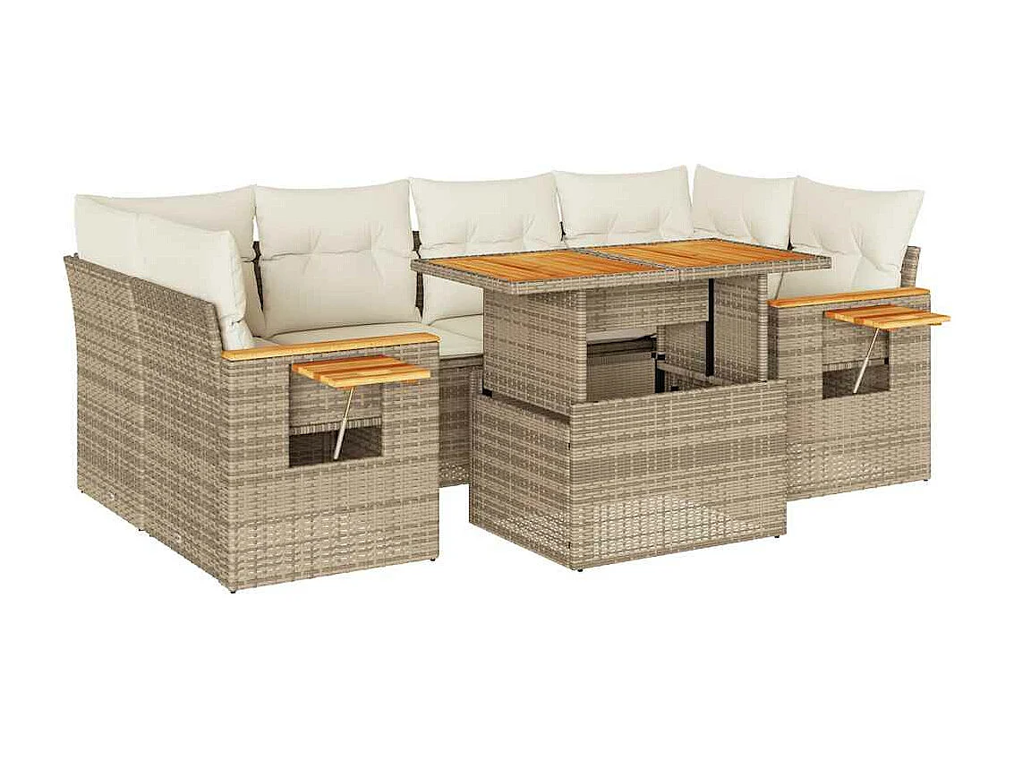 Salon de jardin avec coussins 7 pcs beige résine tressée acacia
