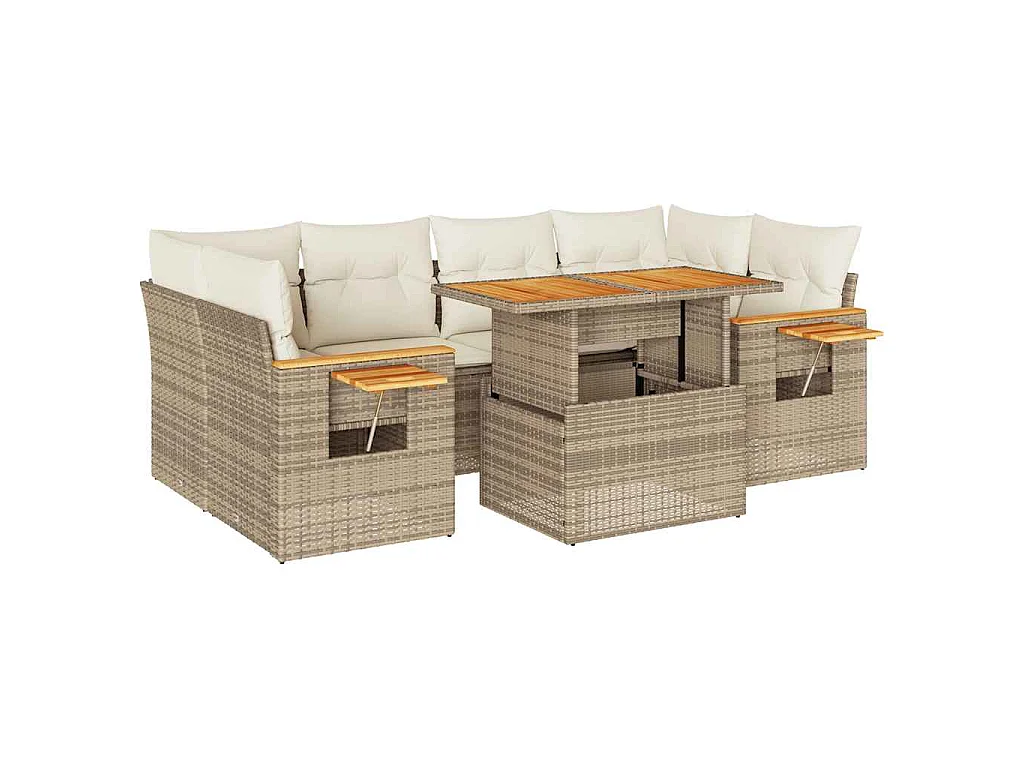 7-tlg. Garten-Sofagarnitur mit Kissen Beige Poly Rattan Akazie