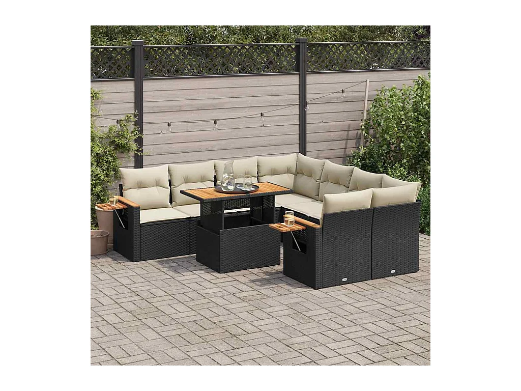 Salon de jardin avec coussins 9 pcs noir résine tressée acacia