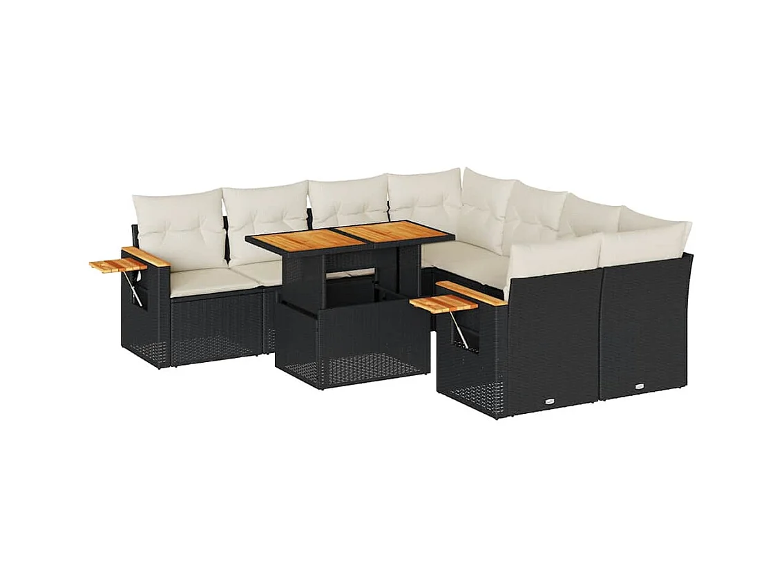 Salon de jardin avec coussins 9 pcs noir résine tressée acacia