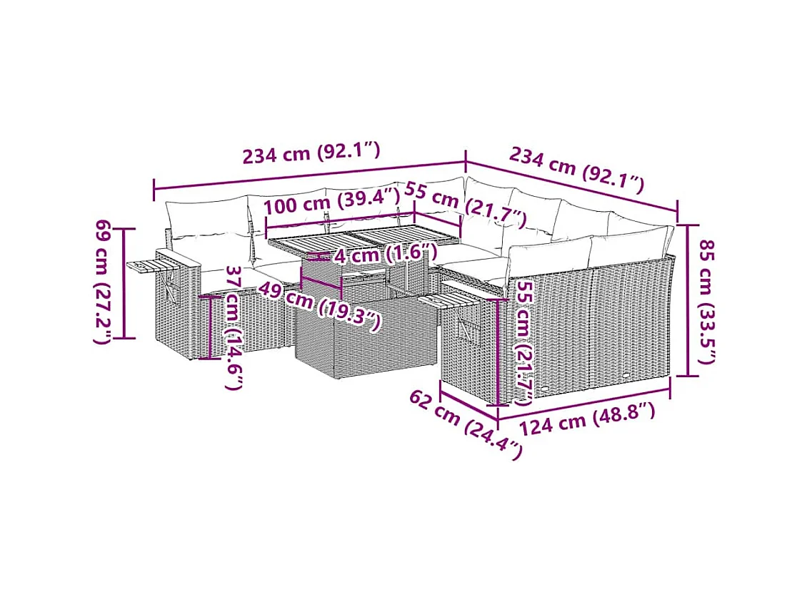 Salon de jardin avec coussins 9 pcs noir résine tressée acacia