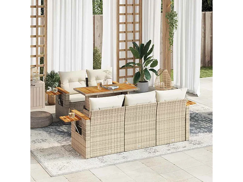 Salon de jardin 6 pcs avec coussins beige résine tressée acacia