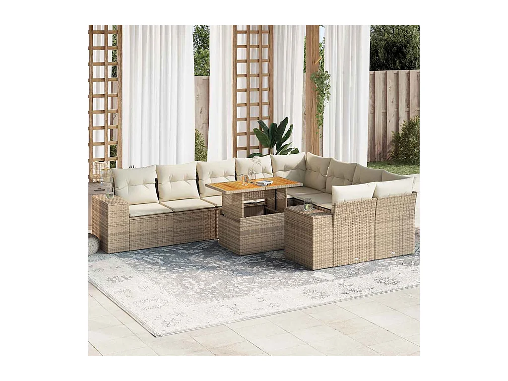 Salon de jardin avec coussins 10pcs beige résine tressée acacia