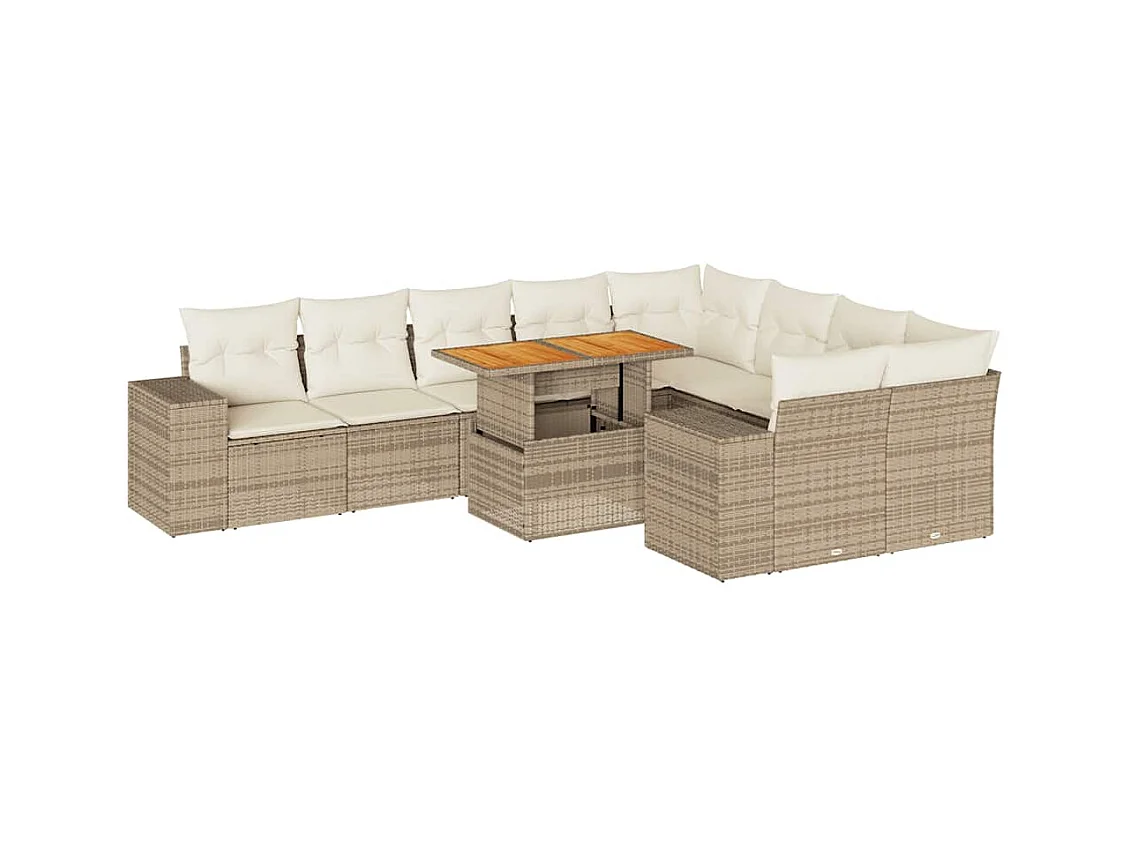 Salon de jardin avec coussins 10pcs beige résine tressée acacia