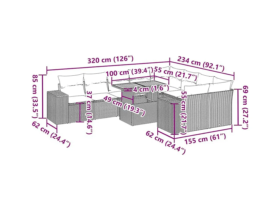 Salon de jardin avec coussins 10pcs beige résine tressée acacia