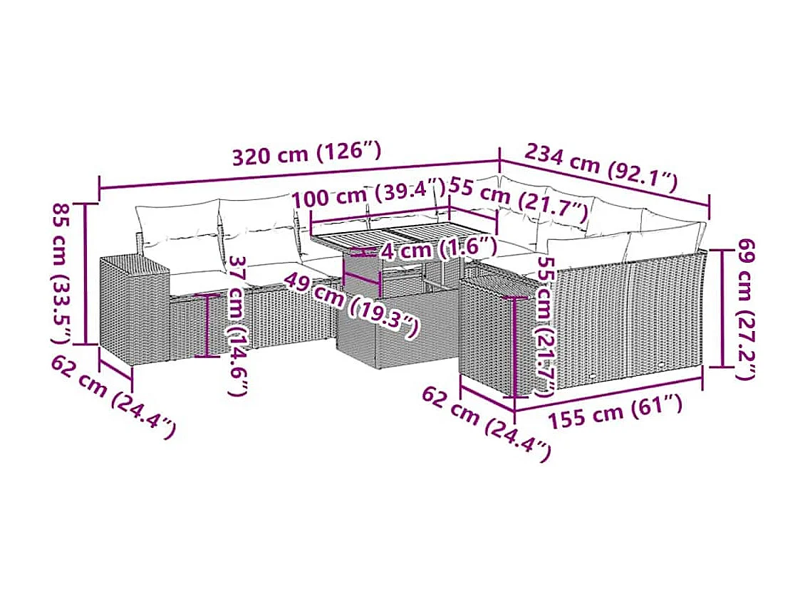 10-tlg. Garten-Sofagarnitur mit Kissen Beige Poly Rattan Akazie