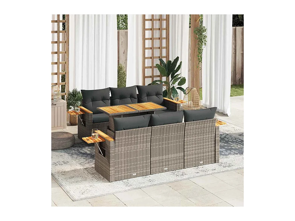 7 pcs conjunto sofás jardim almofadões vime PE/acácia cinzento