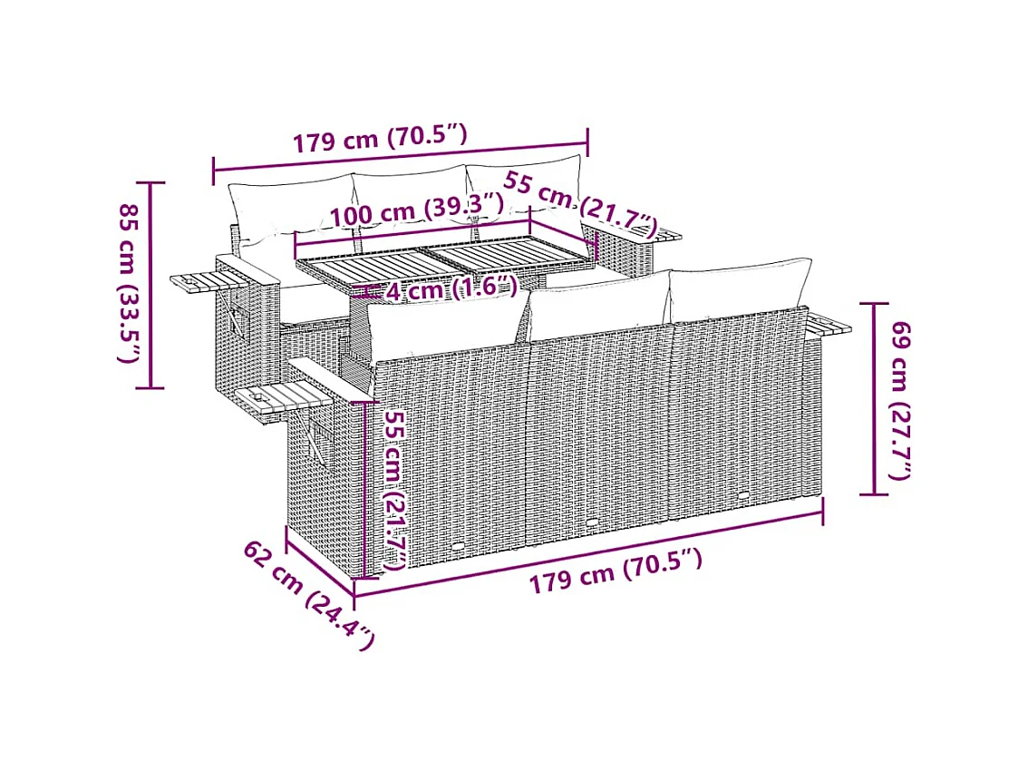 7 pcs conjunto sofás jardim almofadões vime PE/acácia cinzento