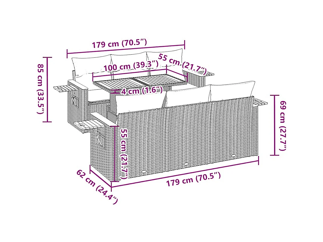7 pcs conjunto sofás jardim almofadões vime PE/acácia cinzento