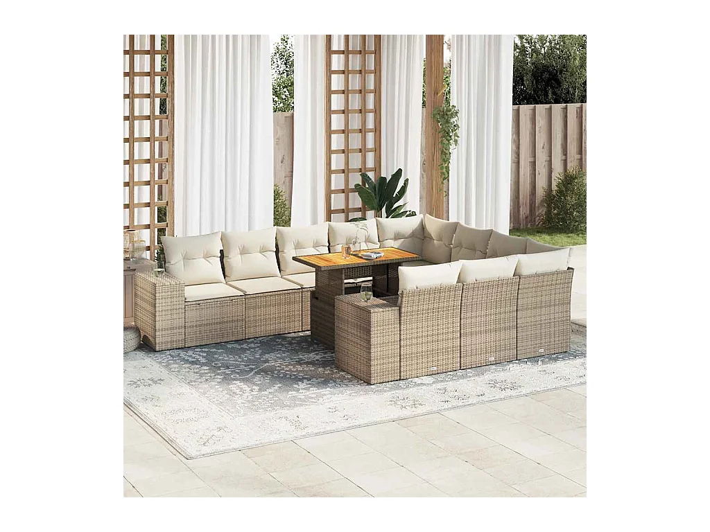 Salon de jardin avec coussins 10pcs beige résine tressée acacia