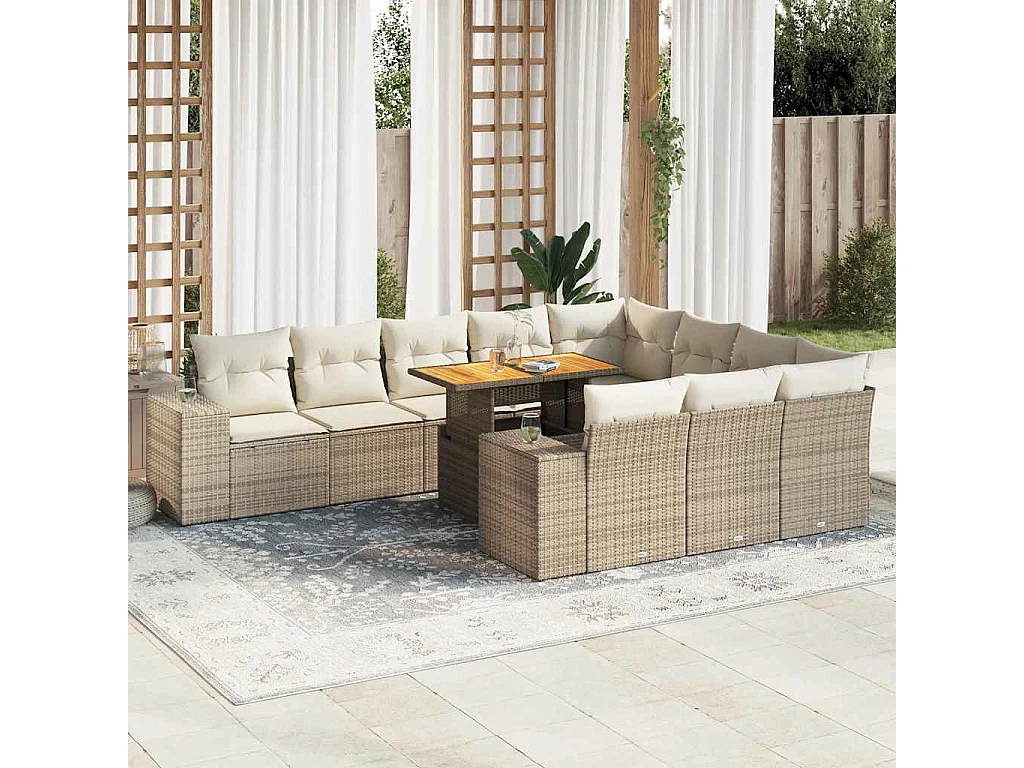 10-tlg. Garten-Sofagarnitur mit Kissen Beige Poly Rattan Akazie