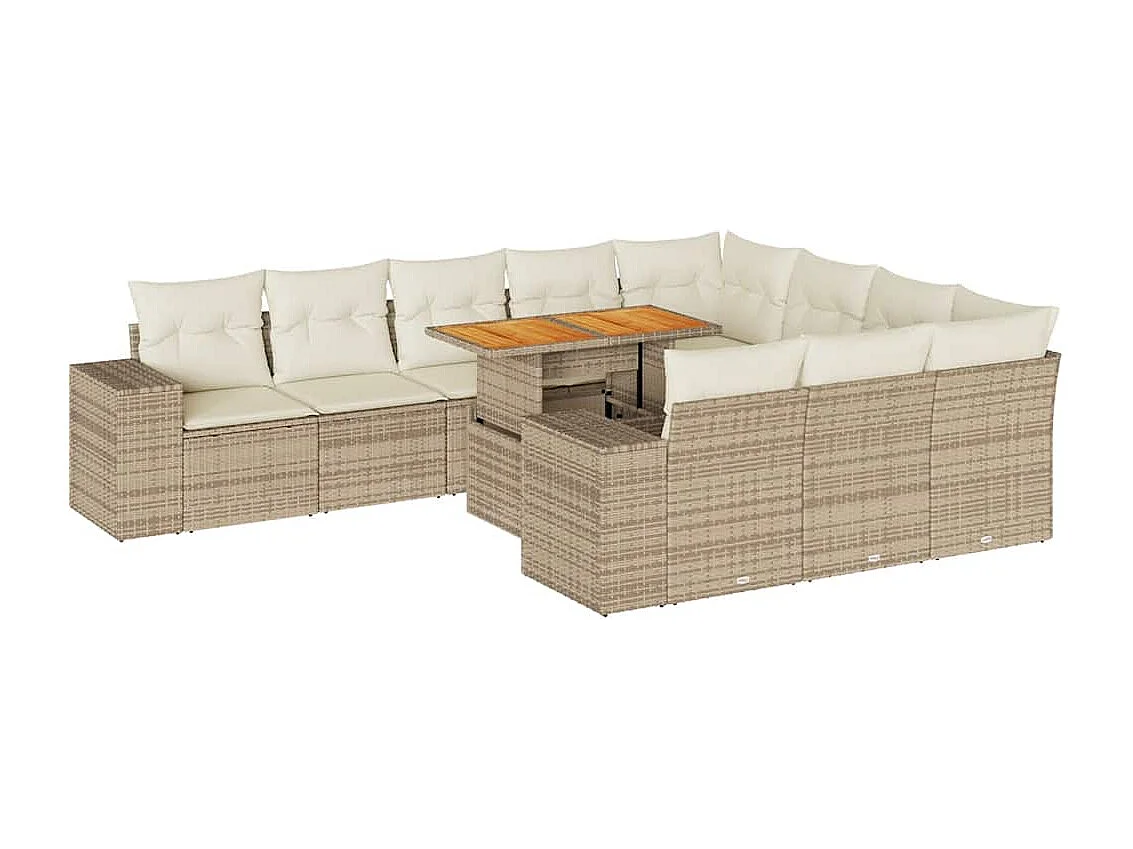 10-tlg. Garten-Sofagarnitur mit Kissen Beige Poly Rattan Akazie