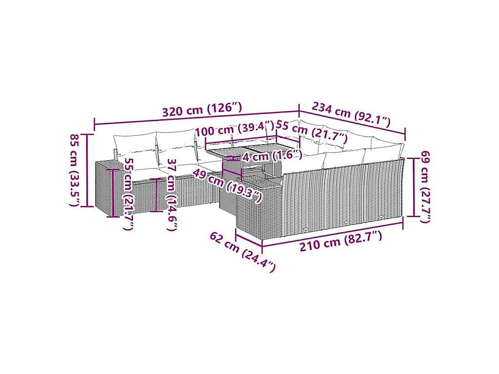 Salon de jardin avec coussins 10pcs beige résine tressée acacia