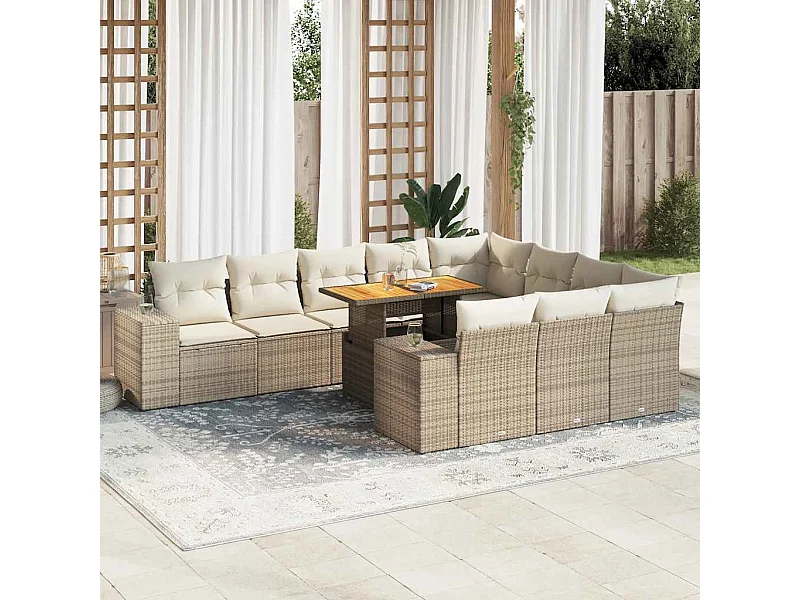 10-tlg. Garten-Sofagarnitur mit Kissen Beige Poly Rattan Akazie