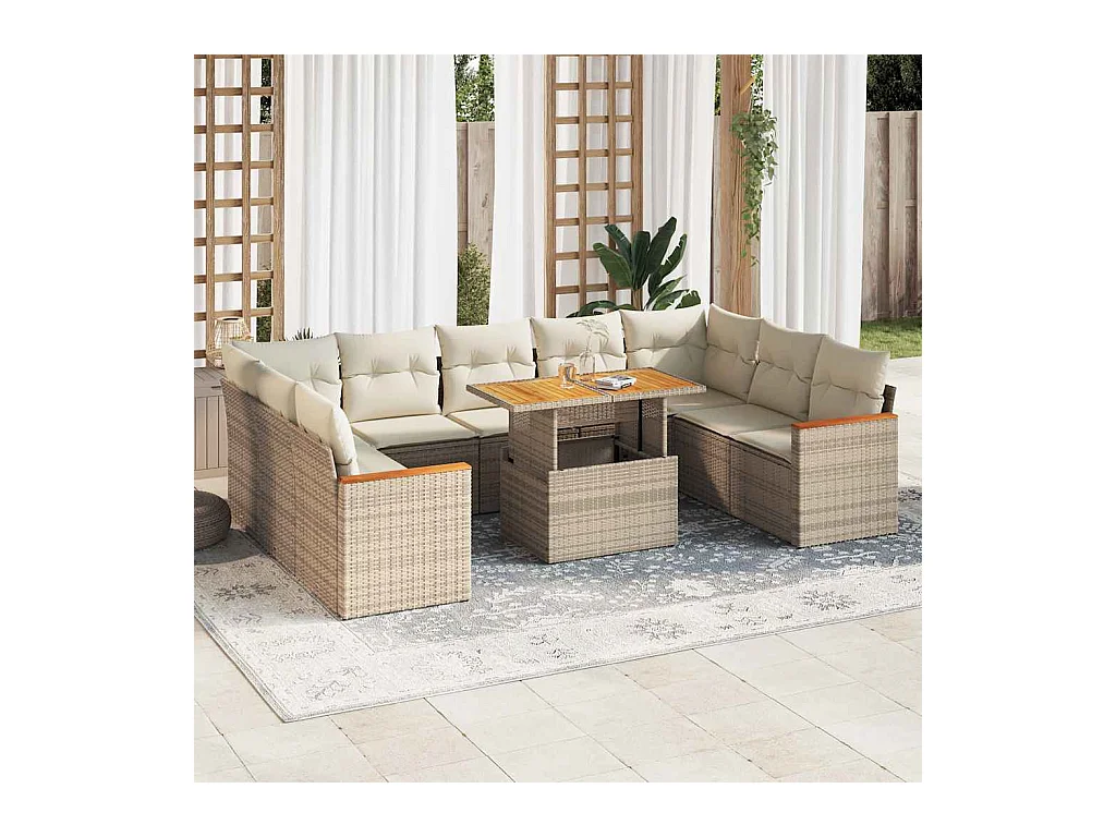 Salon de jardin avec coussins 10pcs beige résine tressée acacia