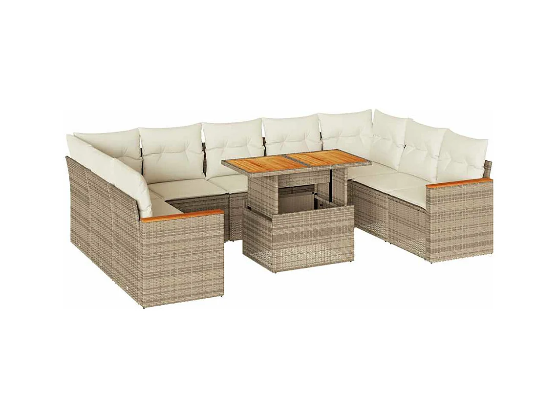 Salon de jardin avec coussins 10pcs beige résine tressée acacia