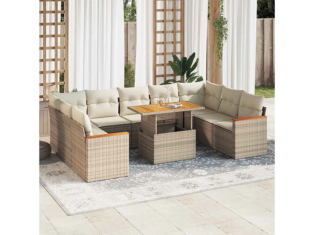 10-tlg. Garten-Sofagarnitur mit Kissen Beige Poly Rattan Akazie