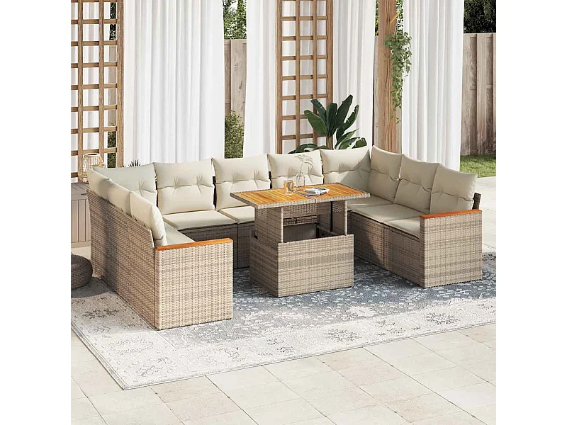 Salon de jardin avec coussins 10pcs beige résine tressée acacia