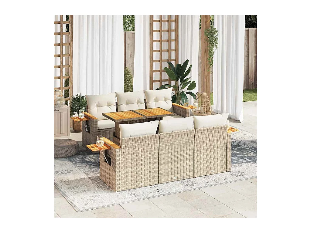 Salon de jardin avec coussins 7 pcs beige résine tressée acacia