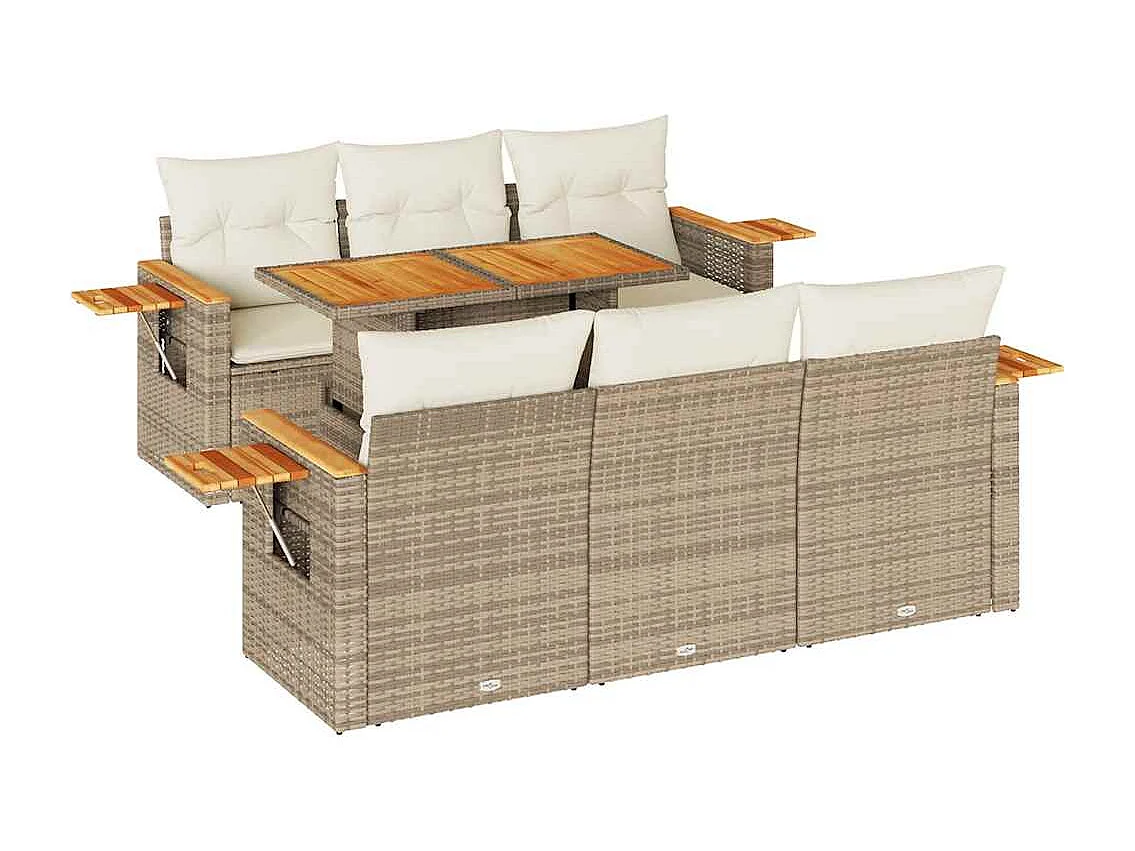 7-tlg. Garten-Sofagarnitur mit Kissen Beige Poly Rattan Akazie