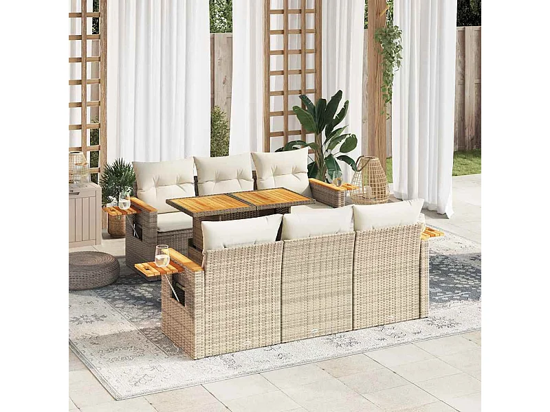 7-tlg. Garten-Sofagarnitur mit Kissen Beige Poly Rattan Akazie