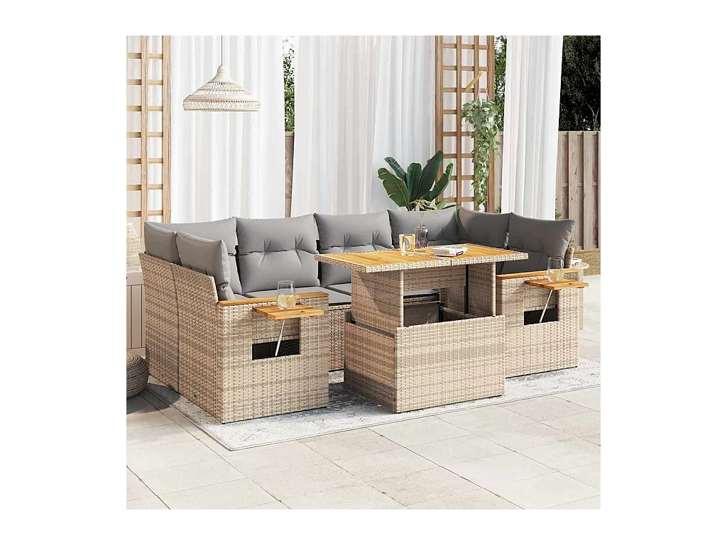 Salon de jardin avec coussins 7 pcs beige résine tressée acacia