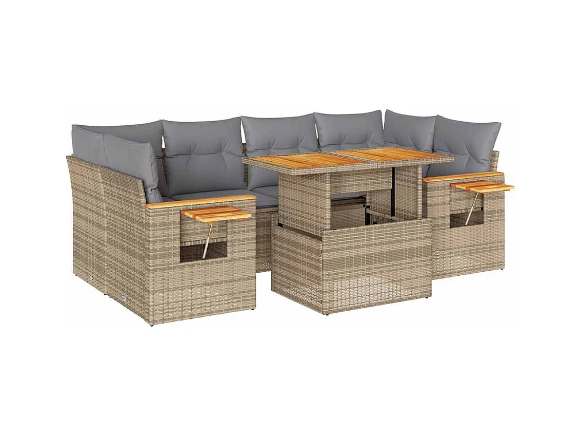 Salon de jardin avec coussins 7 pcs beige résine tressée acacia