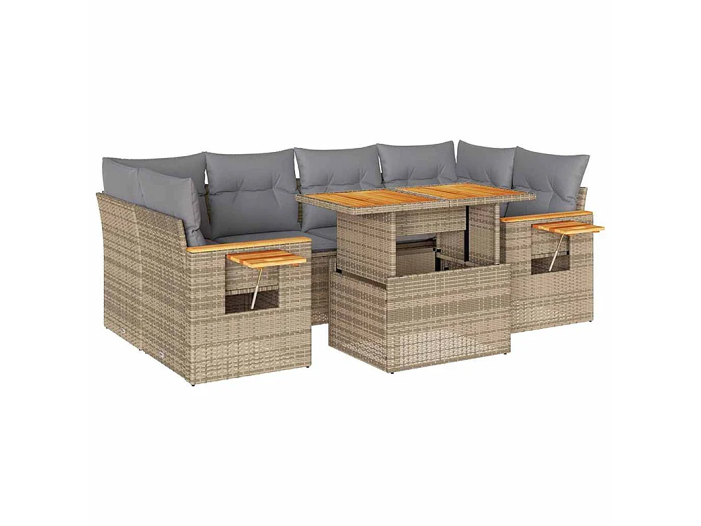 7-tlg. Garten-Sofagarnitur mit Kissen Beige Poly Rattan Akazie