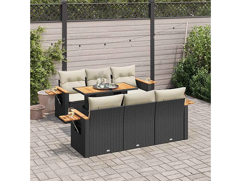 Salon de jardin avec coussins 7 pcs noir résine tressée acacia