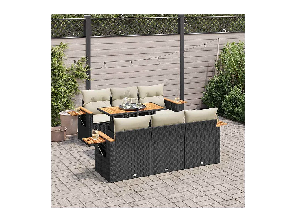 Salon de jardin avec coussins 7 pcs noir résine tressée acacia