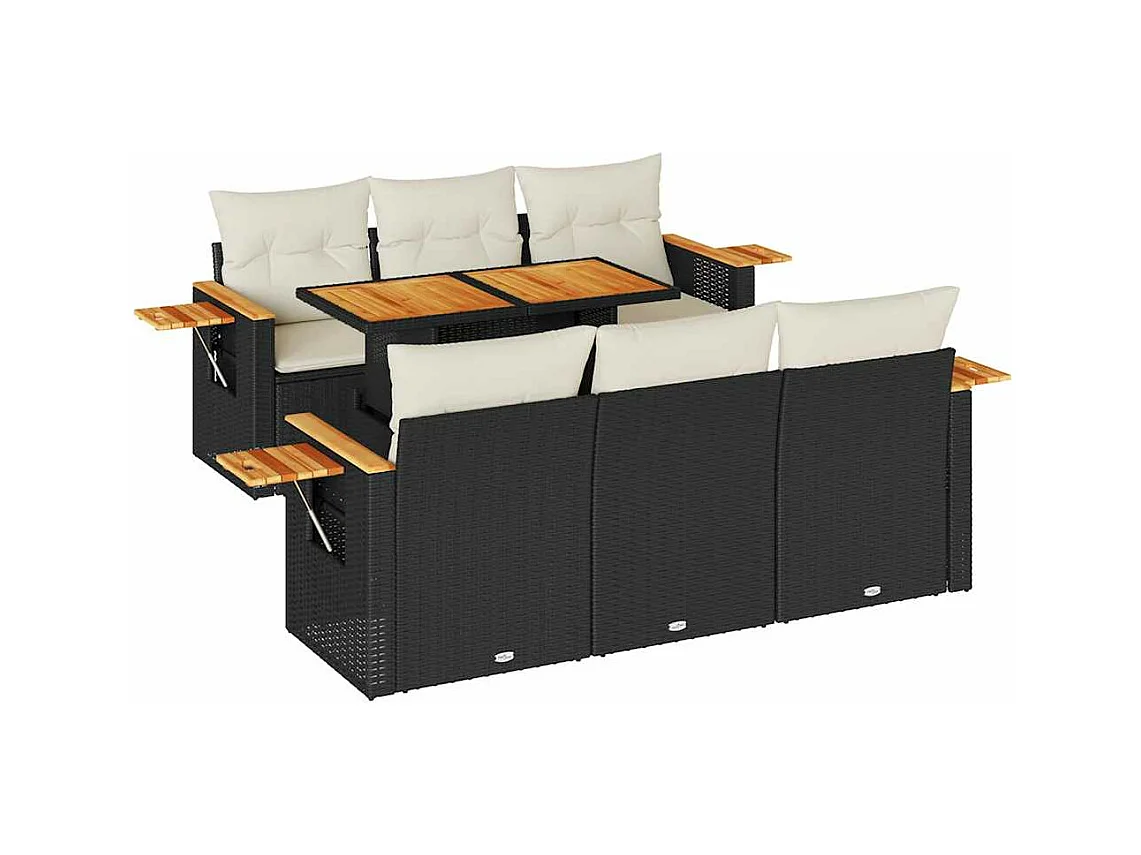 Salon de jardin avec coussins 7 pcs noir résine tressée acacia